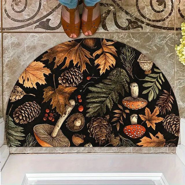 VIKAMA Halbkreisförmige Bodenmatte Retro Forest Plant mit Herbstpilz-Design, Antirutsch und schmutzabweisend, Schwarz/Mehrfarbig - Bild 1