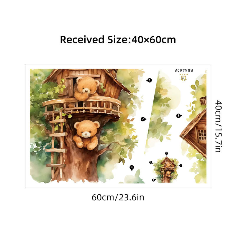 BRUP Wandtattoo Cartoon-Bär mit Baumhaus Motiv in Mehrfarbig für Kinderzimmer und Wohnzimmer - Bild 6