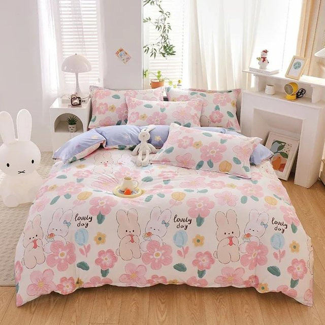 Kawaii Bettwäsche-Set mit Erdbeer- und Streifenmuster, wendbarer Baumwoll-Mikrofaser-Bettbezug mit 2 Kissenbezügen, B/H: 150 x 200 cm, Weiß - Bild 1