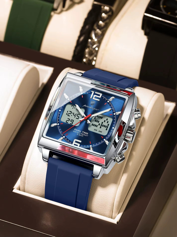 POEDAGAR Herren Armbanduhr, Quarz, Digitaluhr, eckig, Silber, Silikon - Bild 7