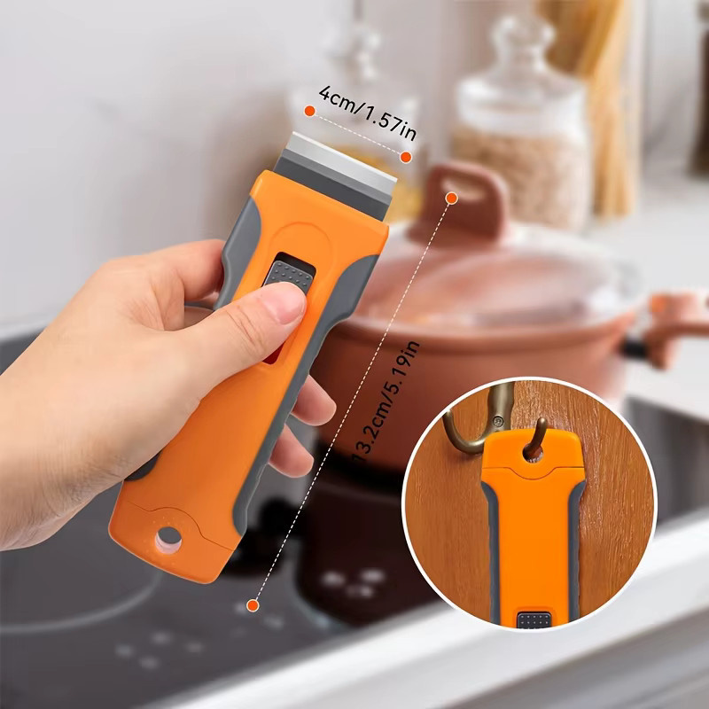 Einziehbarer Fensterglasschaber in Orange mit 5 Ersatzklingen als Fleckenreiniger für Kleber, Farbe und Aufkleber - Bild 2