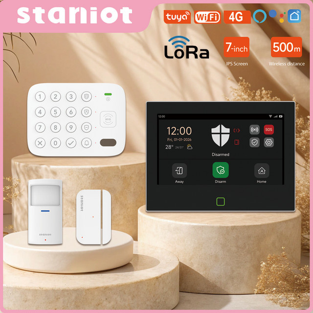 Staniot 7 Zoll LoRa Schutzalarm-Set in Weiß mit WiFi und 4G für dein Tuya Smart Home, Einbruchschutz-Alarmsystem mit 5000mAh Akku, kompatibel mit Alexa - Bild 1