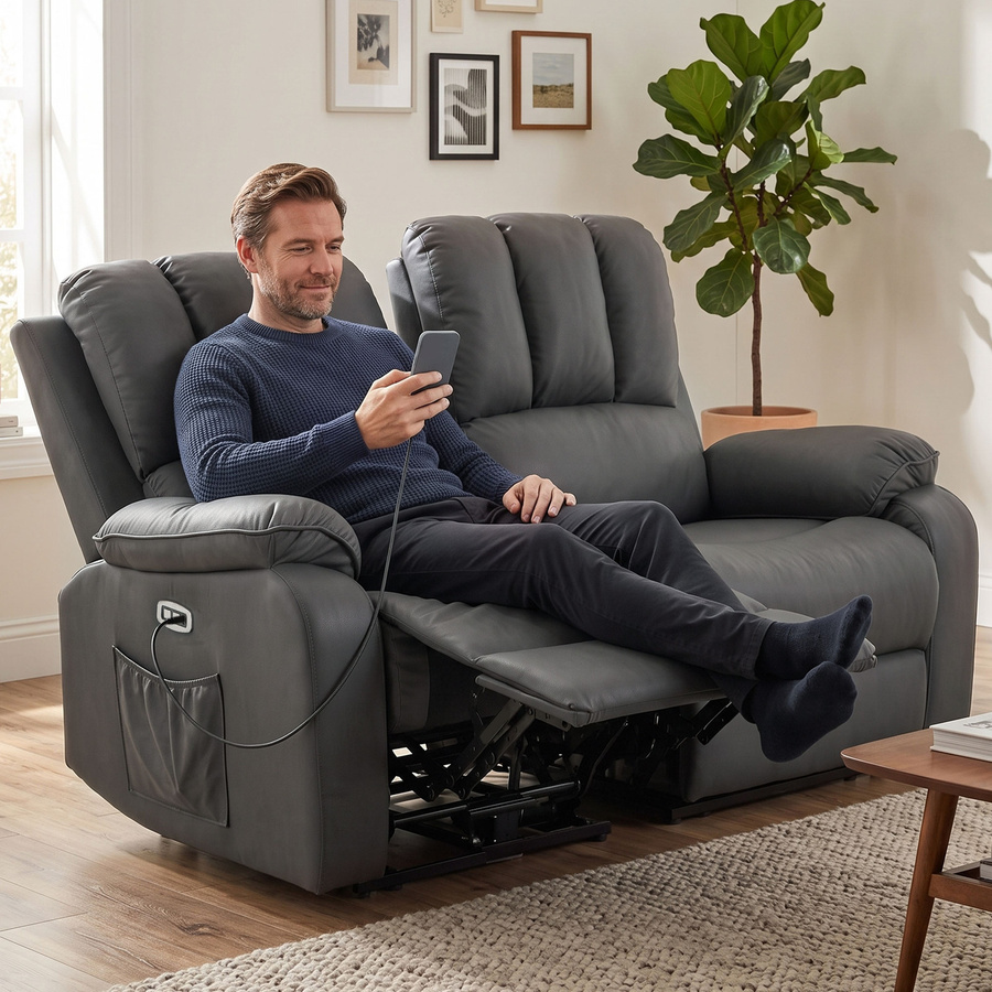 HOMCOM 2-Sitzer Elektrisches Relaxsofa mit Massage- und Heizfunktion, Leathaire Fernsehsessel in Dunkelgrau mit USB- und USB-C-Anschlüssen - Bild 2