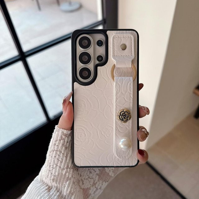 Handyhülle mit Blumenmuster aus Leder und Perlen-Handgelenkband für Samsung Galaxy S26 Plus Ultra, S25, S24 und S23 Plus Ultra in Weiß - Bild 1