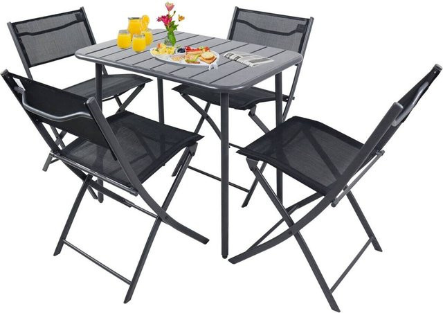 VCM 5-teilige Gartensitzgruppe Sumila in Schwarz aus Metall und Textilene für Balkon, Garten und Terrasse, bestehend aus einem Tisch und 4 Klappstühlen, Tisch B: 80 cm, T: 55 cm, H: 79 cm - Bild 1