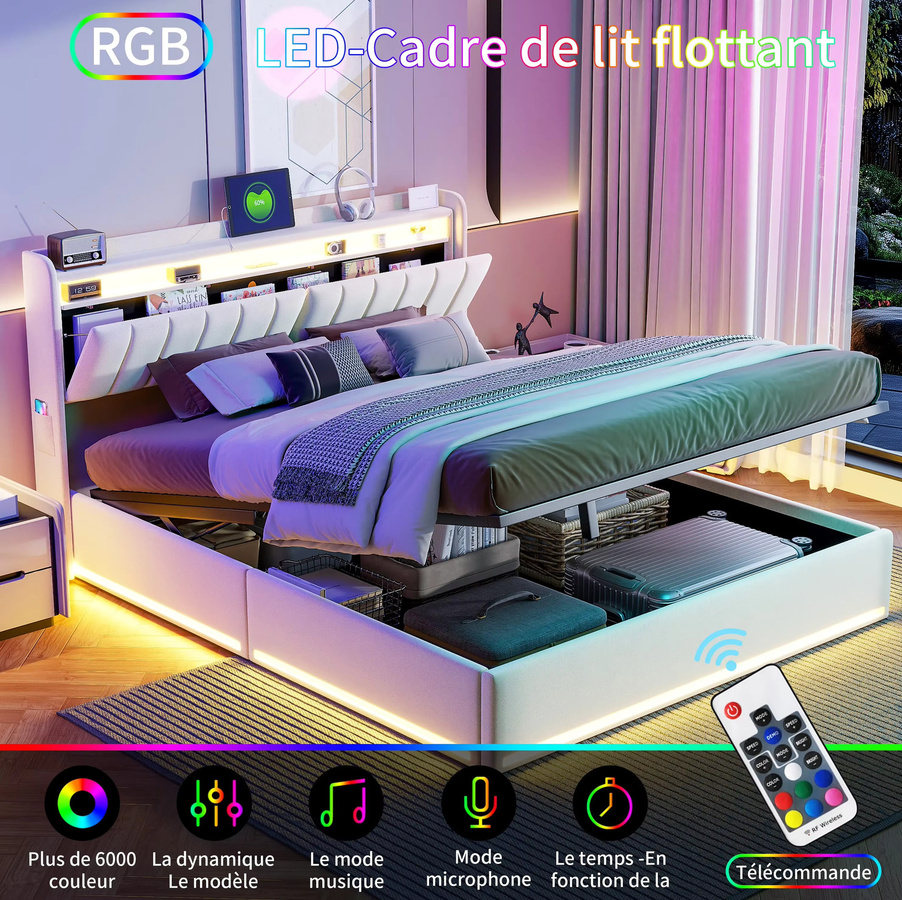 Roshanda Polsterbett mit LED, USB-Anschluss und Stauraum, Samt, Grau, B/T/H: 140 x 190 x 200 cm - Bild 2