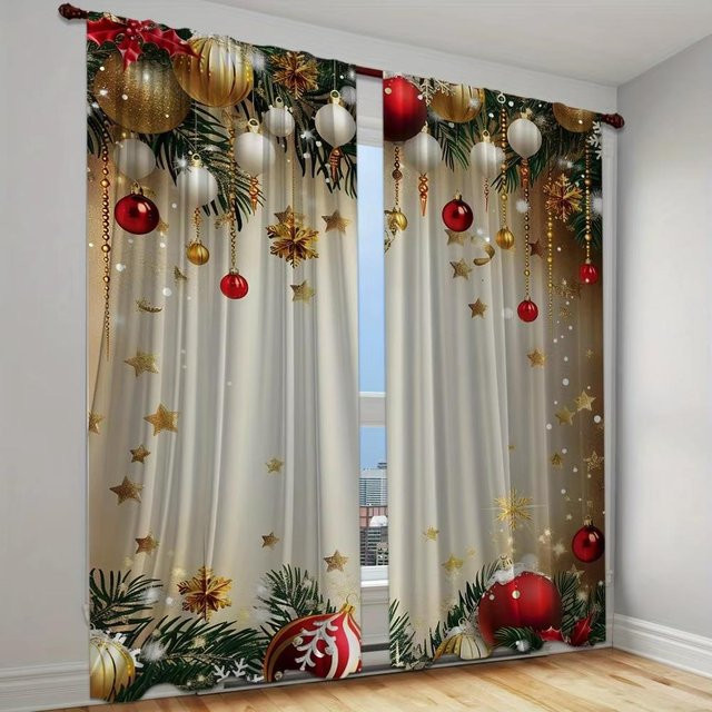 2er-Set Weihnachts-Vorhang mit Schneeflocken und Kugeln in Weiß, B: 50 cm, H: 60 cm - Bild 1