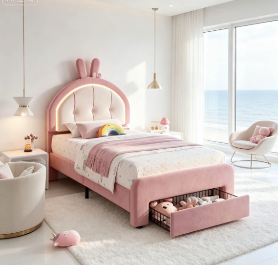 Polsterbett für Kinder und Jugendliche in Rosa mit LED-Kopfteil, Einzelbett B/T/H: 90 x 200 cm - Bild 1
