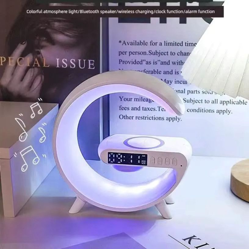 XIKCU Bluetooth-Lautsprecherhalter mit Umgebungsbeleuchtung und Wecker sowie kabellosem Ladeständer für iPhone und Samsung - Bild 5