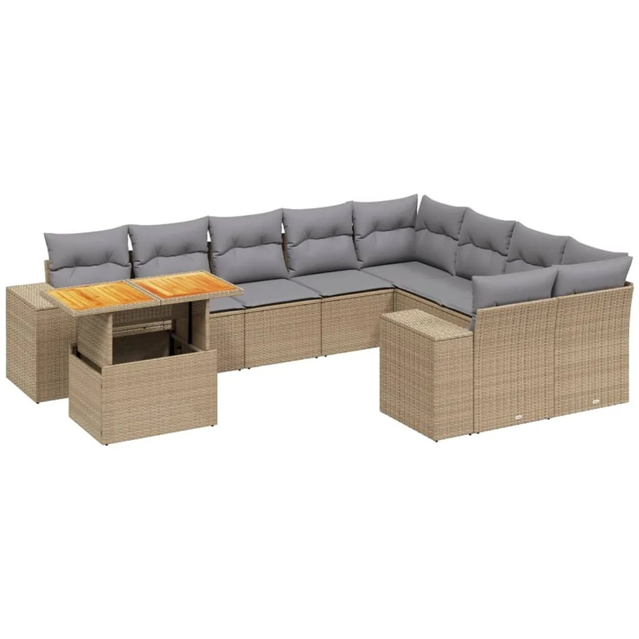 vidaXL 10-tlg Garten-Sofagarnitur mit Kissen aus Poly Rattan in Beige - Bild 2