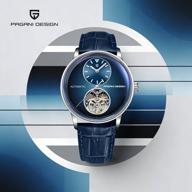 PAGANI DESIGN Taucheruhr, Herren, Lederarmband, Blau, 42 mm, 10 ATM - Bild 1