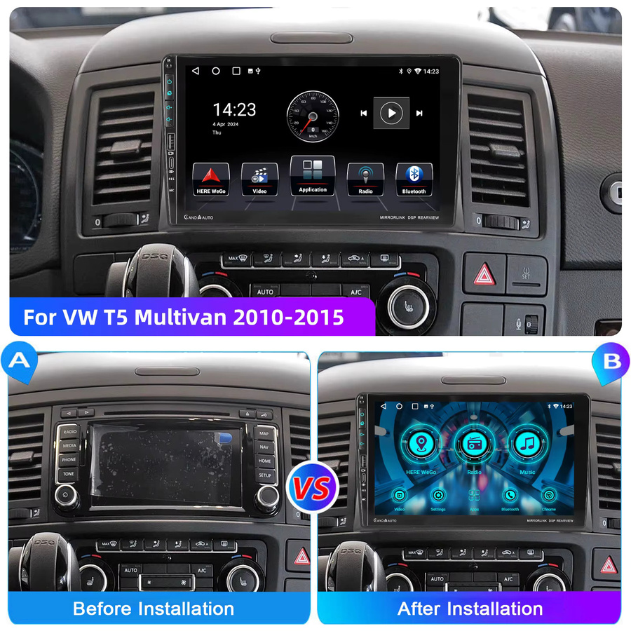 ESSGOO Android 15 Autoradio für VW T5 Multivan 2010-2015 mit 9 Zoll Display, 4+64 GB, Bluetooth, Wireless CarPlay, Android Auto, GPS, WiFi und USB Type-C in Schwarz - Bild 2