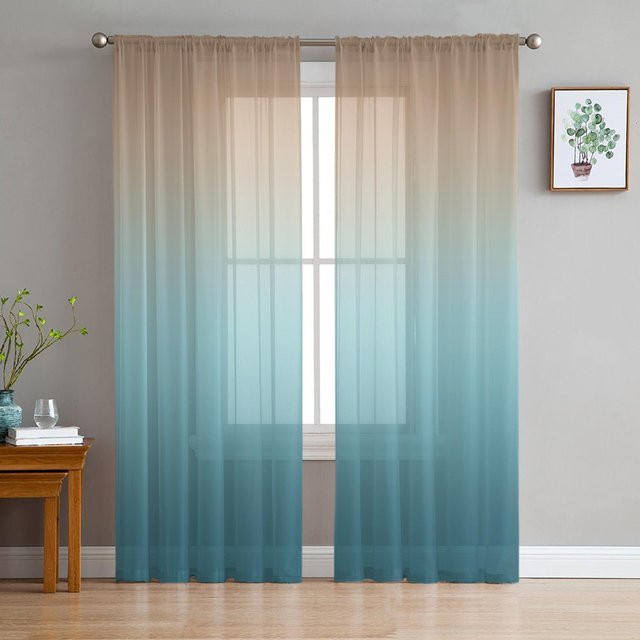 Yiran Furniture Transparente Voile Vorhänge aus Organza in Türkis und Braun mit Farbverlauf, Breite: 135 cm, Höhe: 115 cm - Bild 1