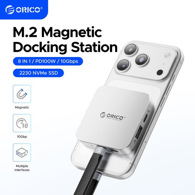 ORICO Magnetische USB-C Dockingstation mit M.2 2230 NVMe SSD-Gehäuse, 10 Gbit/s, 4K60 Hz HD, SD/TF-Kartenleser und PD 100 W Ladegerät für iPhone, Orange - Bild 1
