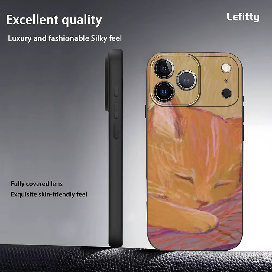 Handyhülle mit schlafender orangefarbener Katze im koreanischen Stil für iPhone 11 bis 17 Pro Max Plus Mini, Schwarz Matt Soft Shell - Bild 3