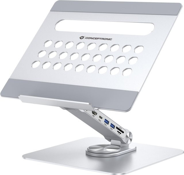Conceptronic DONN27G Laptop-Ständer mit 7-in-1-Dockingstation in Silber mit USB-C, HDMI und USB-A sowie 4K UHD Unterstützung - Bild 1