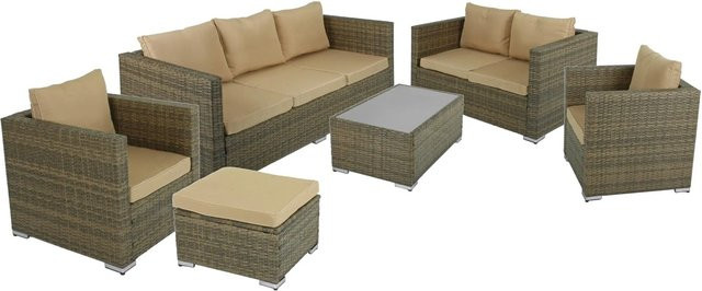 DELUKE Garten-Sitzgruppe SEOUL 6-teiliges Gartenmöbel-Set aus Kunststoff und Stahl in Cremebeige mit Glastisch - Bild 1