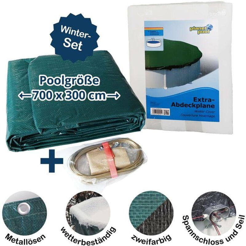 Planet Pool Abdeckplane für Acht- und Ovalpools sowie Schwimmbecken, Grün/Schwarz, B: 700 cm, T: 300 cm, 160 g/m² Winterschutz und Ganzjahresabdeckung - Bild 1