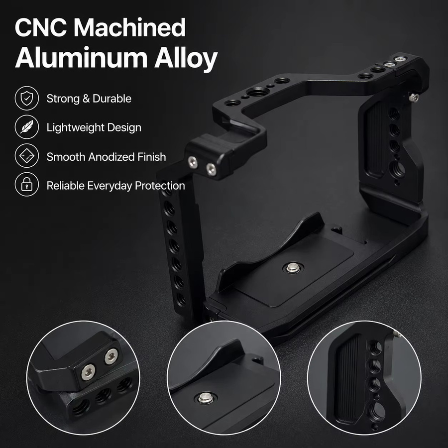SOARSHOT Kamerakäfig für Sony A6700 aus CNC Aluminiumlegierung in Schwarz mit Cold Shoe und Befestigungslöchern für Videoaufnahmen - Bild 4