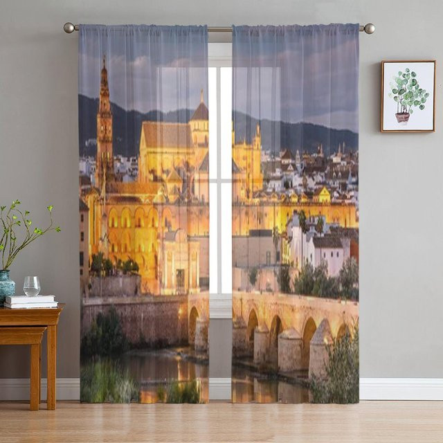 Luxuriöse Chiffon-Vorhänge Römische Brücke Spanien in Beige, Transparentes Tüllvorhang für Wohnzimmer und Schlafzimmer, Breite: 135 cm, Höhe: 114 cm - Bild 1
