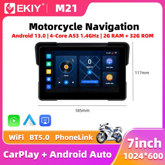 EKIY 7,0 Zoll Motorrad GPS Navigation mit Android 13, Wireless CarPlay und Wireless Android Auto, WiFi, Schwarz - Bild 1