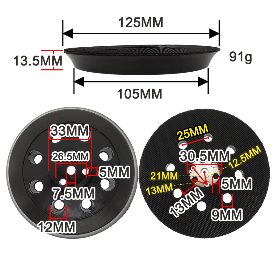 VIBRATITE 5 Zoll 9-Loch-Schleifpad mit 3 Schraubenloch-Trägerplatte, 125 mm Klettverschluss Ersatz für PEX12 A und PEX 125 - Bild 2