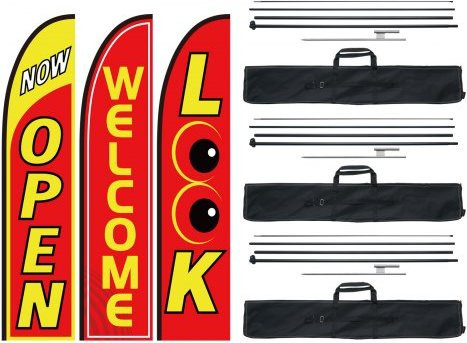 VEVOR Werbeflaggen-Set mit Mastsatz und Bodenpfählen, 3 Swooper-Flaggen Open, Look und Welcome in Multicolour, Höhe: 5 m - Bild 1