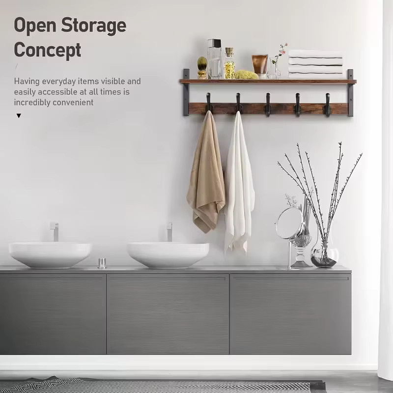 QUHE Schwebendes Wandregal mit 5 Haken in Industrial Design, Holz braun matt - Bild 4
