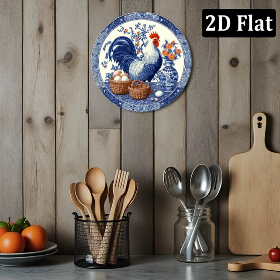 CIFBUY Rundes Metallschild Vintage Blauer Hahn mit Blumenmuster und Ei-Motiv, Durchmesser: 20,32 cm - Bild 5