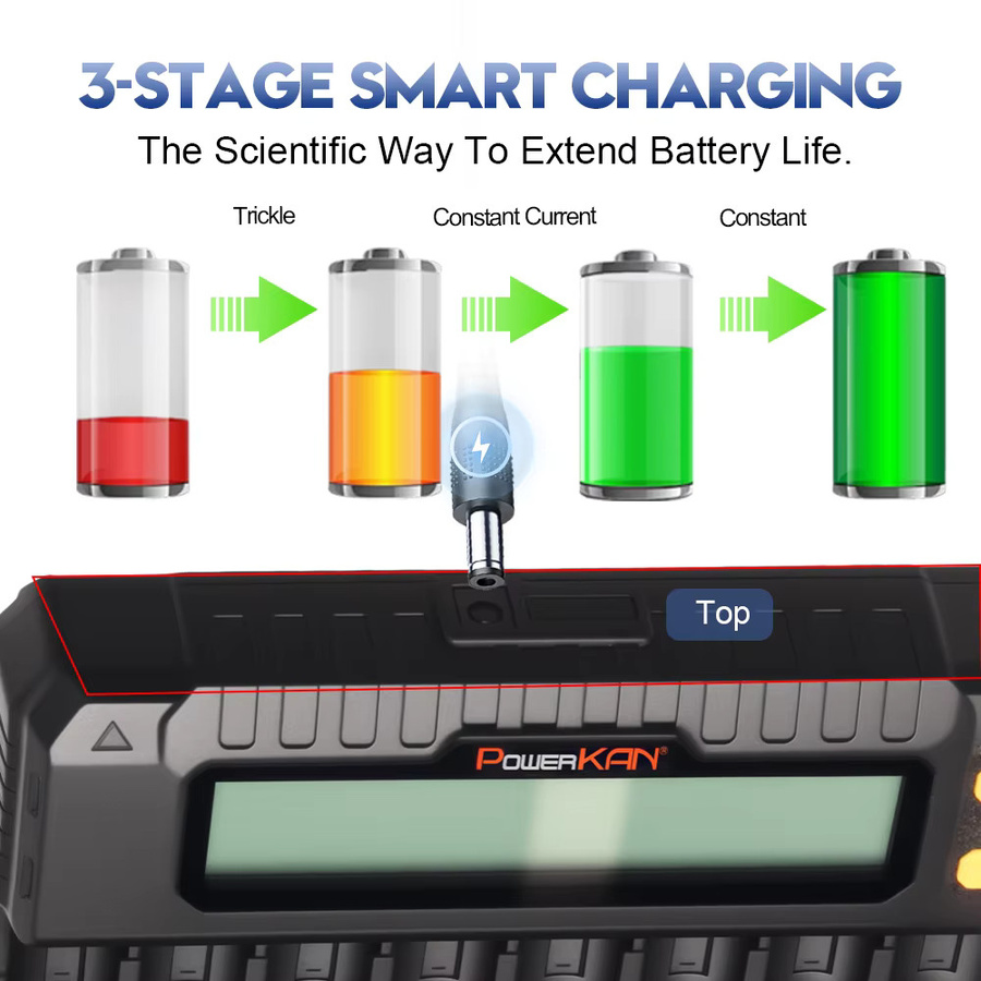 POWERKAN 8-Bay LCD Smart-Ladegerät für NiMH, LiFePO4 und Li-Ionen in Schwarz mit Kapazitätstest und 0V-Aktivierung - Bild 4