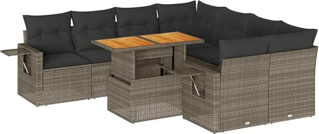 vidaXL 9-teilige Garten-Sofagarnitur aus Poly-Rattan und Akazienholz in Grau mit Kissen - Bild 1