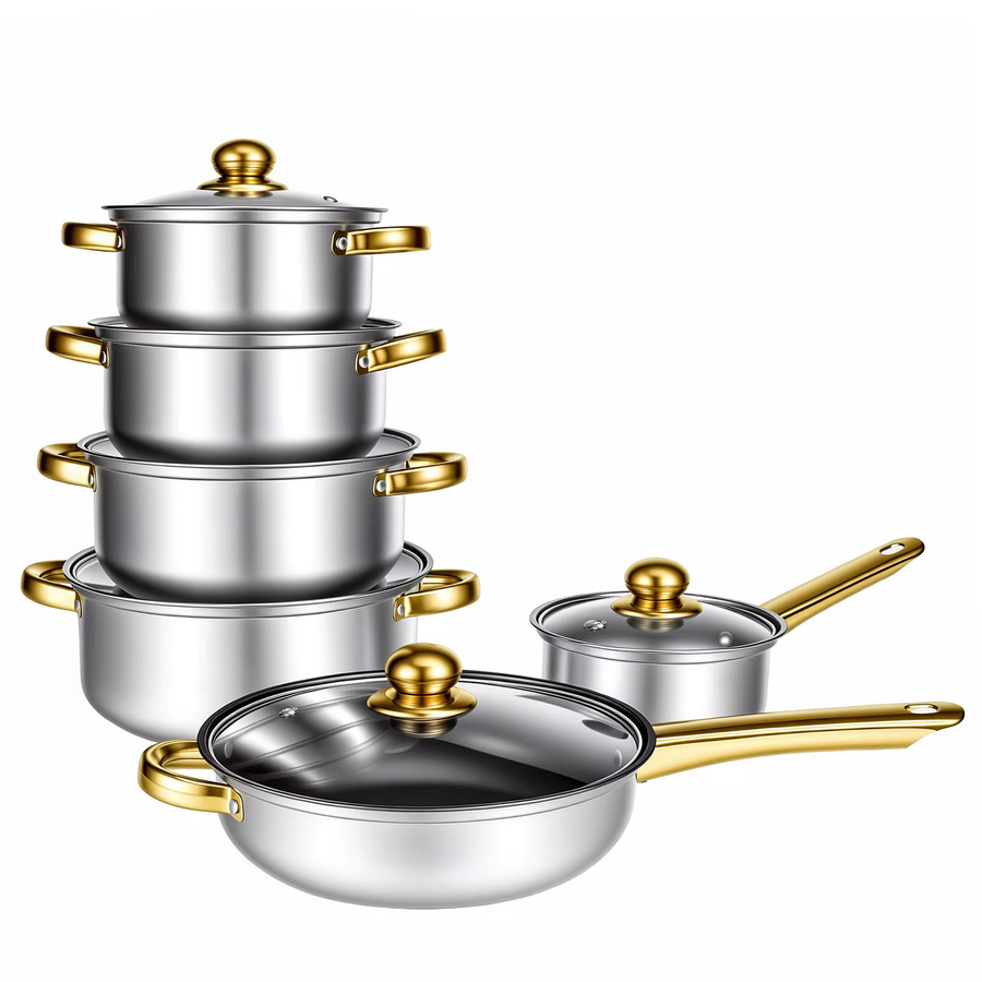 WUIETI 12-teiliges Edelstahl-Kochgeschirr-Set mit Antihaftbeschichtung in Silber und Gold, bestehend aus Bratpfanne, Suppentopf und Stielkasserolle, kompatibel mit Gas, Induktion und Elektroherden - Bild 2
