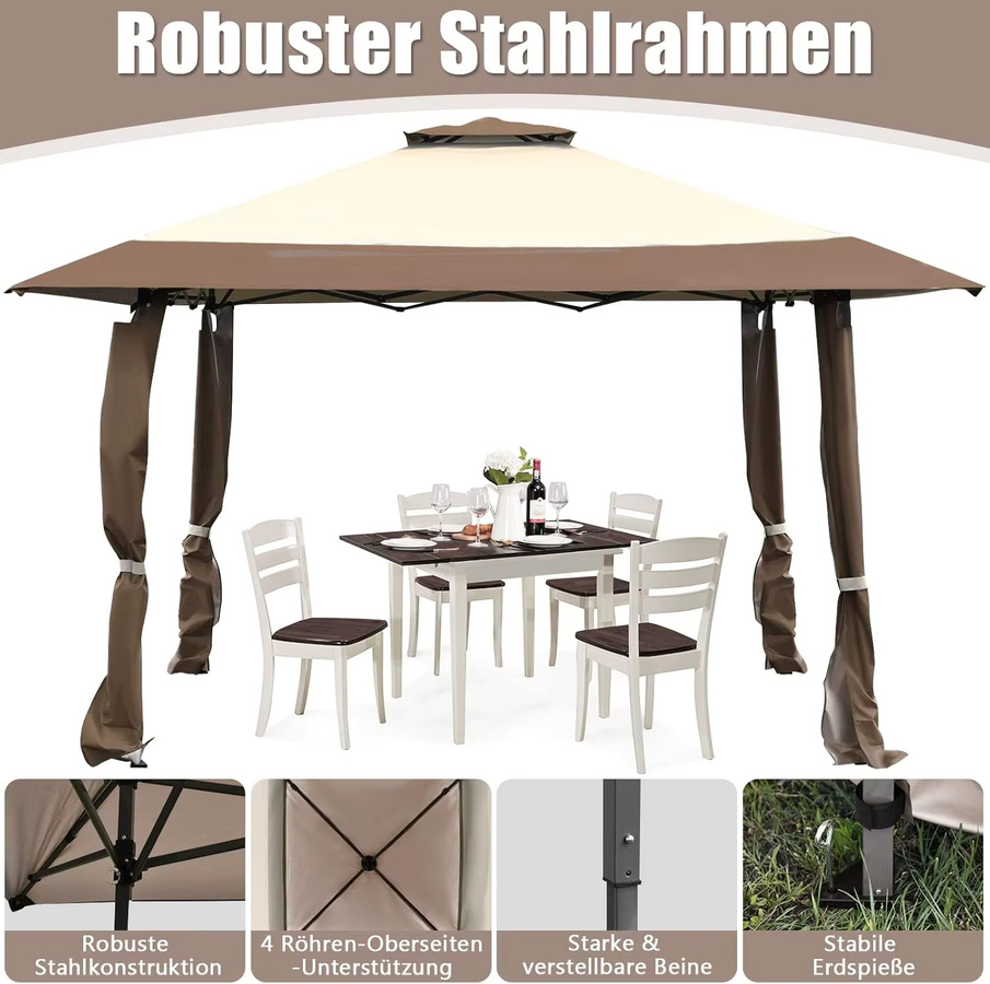 GOFLAME Pavillon mit Doppeldach in Beige oder Braun, wasserdicht, winterfest und mit UV-Schutz 50, B/T/H: 400 x 400 x 300 cm - Bild 3