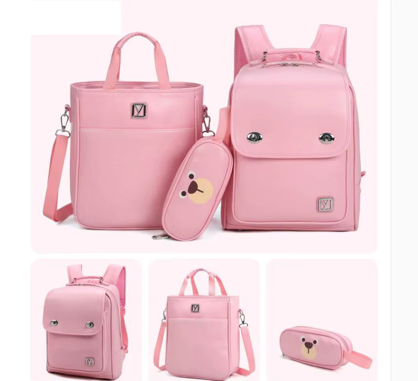 Japanischer Randoseru Schulrucksack für Mädchen aus PU-Leder in Pink, 3-teiliges Set mit Büchertasche, Handtasche und Stifttasche - Bild 1