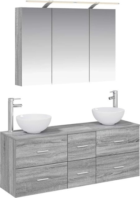 vidaXL Badezimmermöbel-Set 4-teilig in Grau Sonoma, modern mit Waschtischunterschrank, Spiegelschrank mit LED-Beleuchtung und Wandschrank aus Holz und Glas - Bild 1
