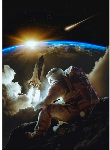 Moderne Leinwandmalerei PanitingArt Astronaut trinkt Bier auf dem Mond, Wandkunst Gold, Breite: 20 cm, Höhe: 30 cm - Bild 1