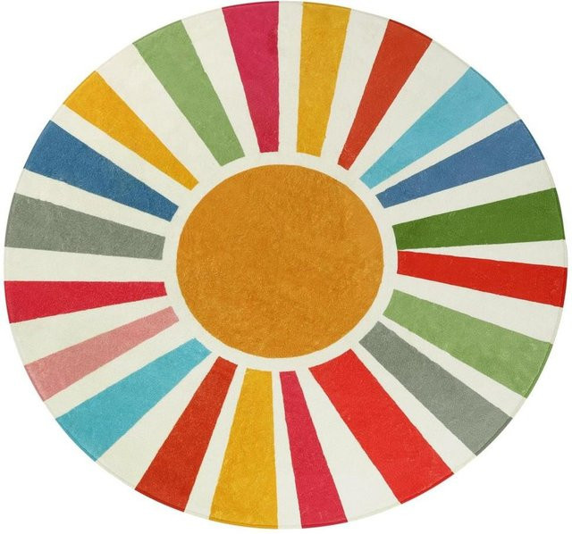 Runder Boho-Teppich von Binchi Furniture mit Regenbogen-Sonnen-Druck, waschbar und rutschfest, Multicolour, Durchmesser: 80 cm - Bild 1