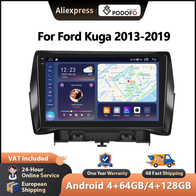 Podofo 9-Zoll Android Autoradio für Ford Kuga (Escape) 2013-2019 mit CarPlay, GPS, WiFi, Bluetooth und AI Sprachsteuerung in Schwarz - Bild 1