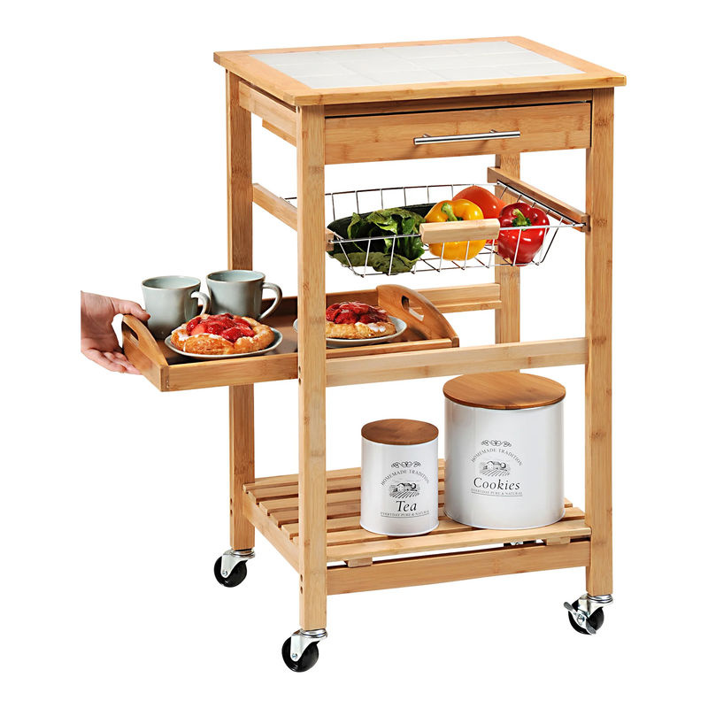Kesper Küchenwagen aus FSC-zertifiziertem Bambus und Fliesen in Braun mit Rollen und Servierfächern, B/T/H: 81,0 x 48,0 x 38,0 cm - Bild 4