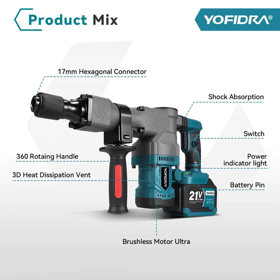 YOFIDRA Bürstenloser Elektrischer Abbruchhammer mit 6000W und 9000IPM für Makita 18-21V Akku - Bild 2
