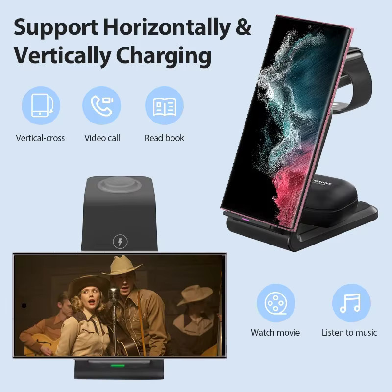 VIKEFON 3-in-1 kabelloser Ladeständer Schwarz für iPhone, Samsung Galaxy und Apple Watch sowie AirPods Pro als Schnellladestation - Bild 2