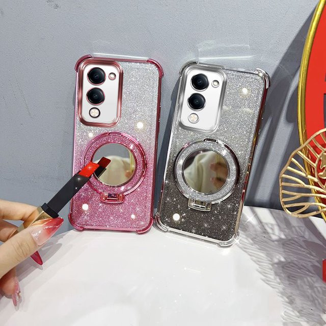 Glitzernde und stoßfeste Handyhülle mit Spiegelständer und Perlenband für Vivo Y04 4G, Y29s und Y19 5G in Pink - Bild 1