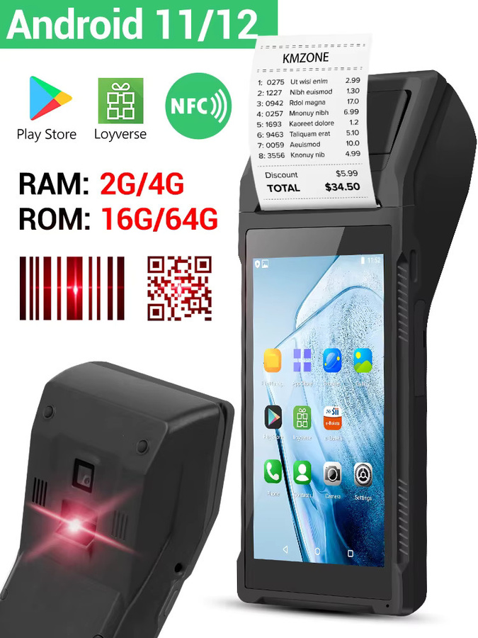KMZONE Android POS-PDA Handheld-Terminal mit 2D-Barcode-Scanner, NFC, 58-mm-Thermaldrucker und 4G, Schwarz - Bild 7