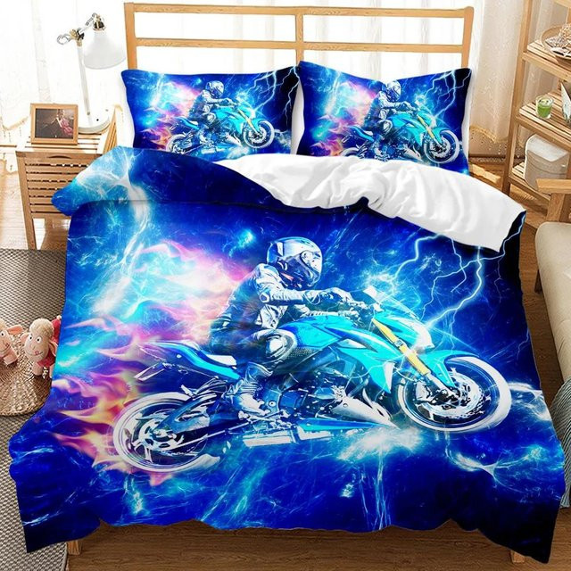 Motorrad Bettwäsche-Set Your Warm Home mit Motocross-Design, Blau, Polyester, B/H: 135 x 200 cm, inklusive 2 Kissenbezüge (50 x 70 cm) - Bild 1