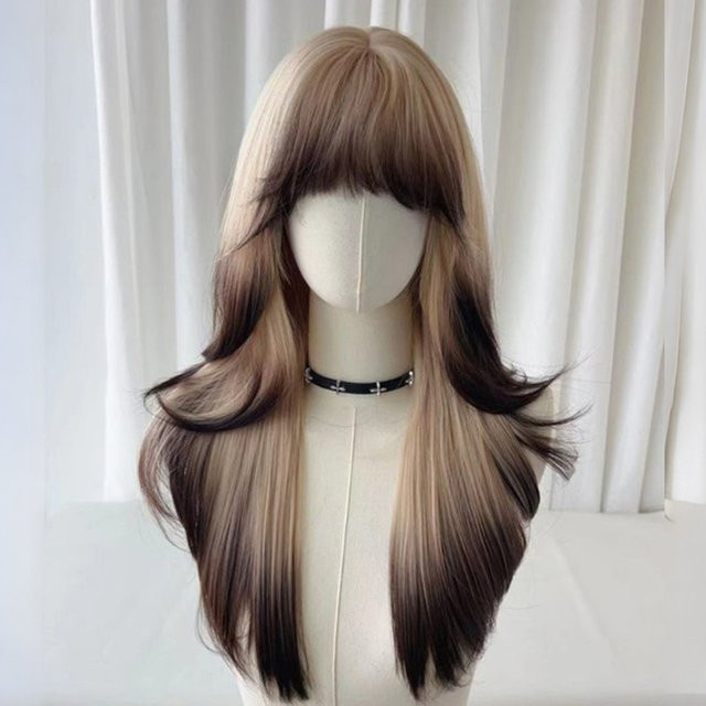 VICWIG Perücke, Blonde Ombre Braune, synthetisch, lang, gerade, mit Pony - Bild 1