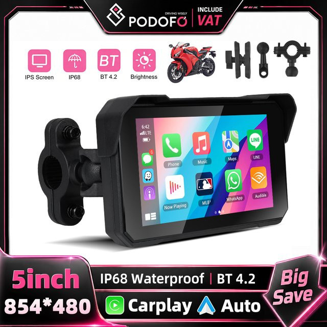 Podofo Motorrad-GPS-Navigator mit 5 Zoll IPS-Bildschirm, IP68 wasserdicht, kabelloses CarPlay und Android Auto, Bluetooth Smart-Audio-Player in Schwarz - Bild 1