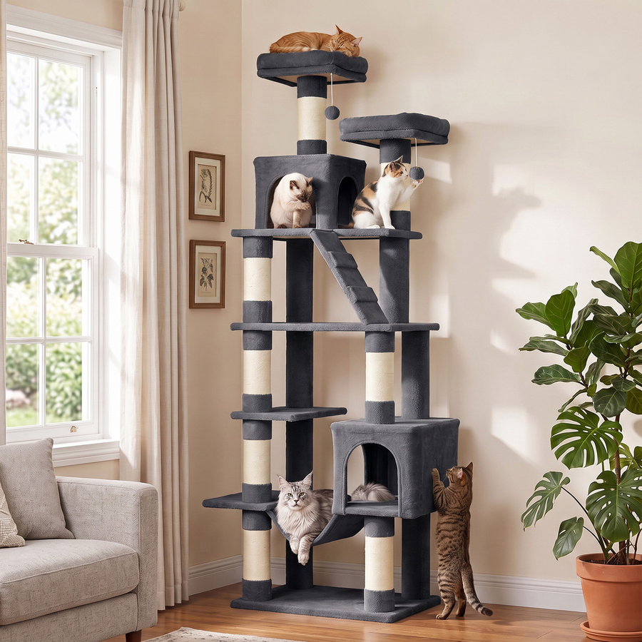 PawHut Kratzbaum Aosom in Dunkelgrau, mehrstufiger Katzenturm mit 2 Höhlen, 2 Betten, Hängematte, Sisalpfosten, Leiter und Spielzeug, Höhe: 204 cm - Bild 2