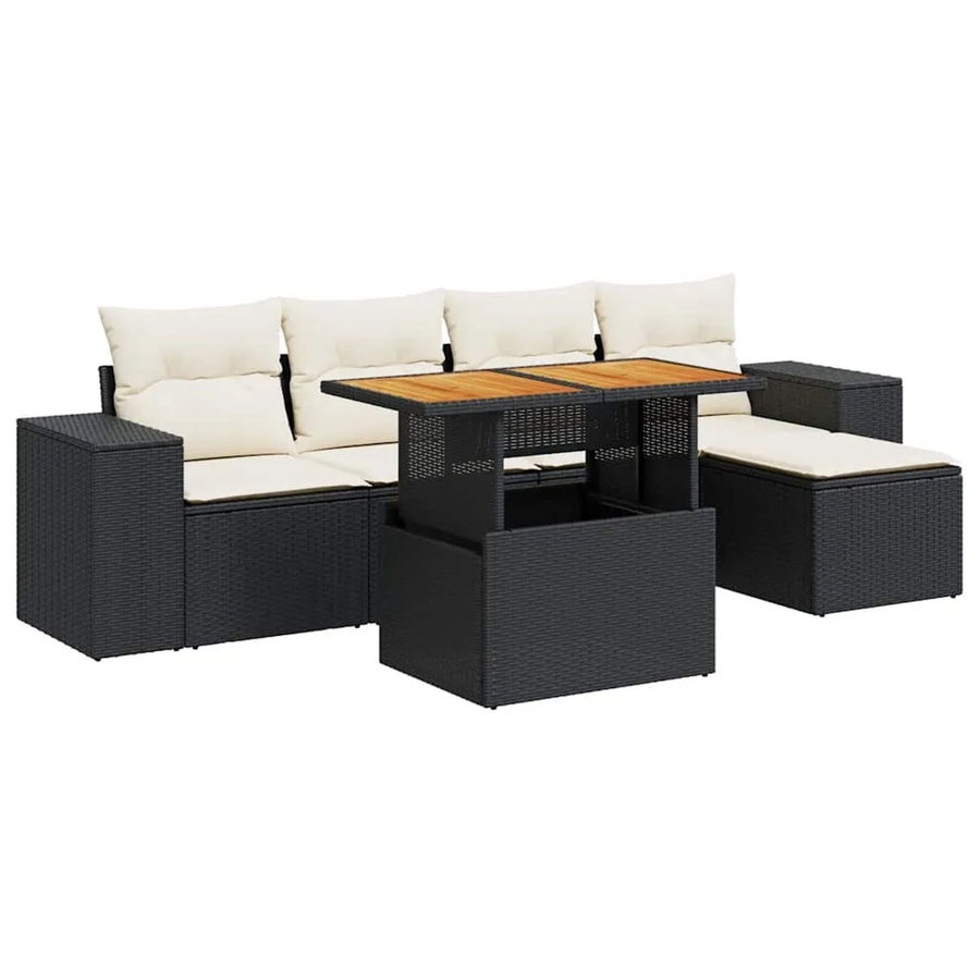 vidaXL 6-teilige Garten-Sofagarnitur aus Poly-Rattan und Akazienholz in Schwarz-Creme mit Kissen - Bild 2