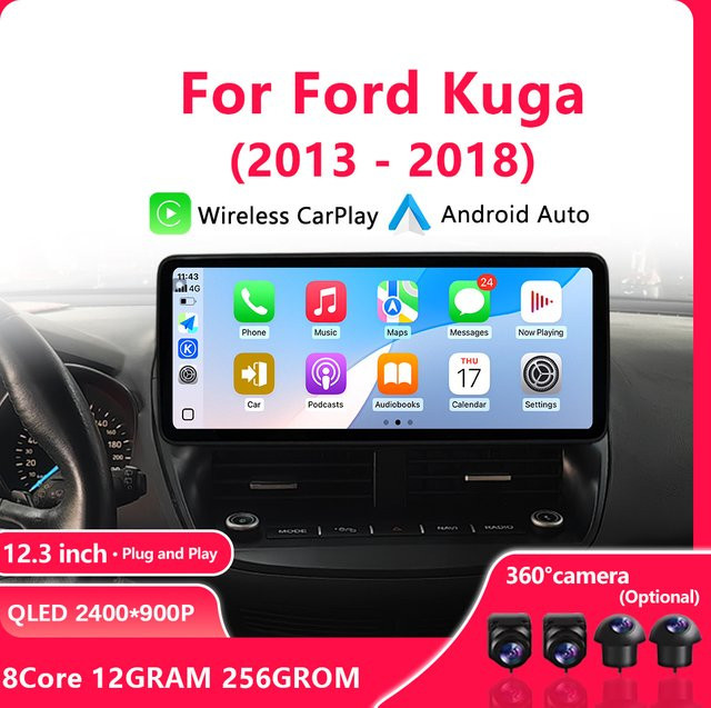 QiumianNavi 12,3 Zoll Multimedia-Navigationssystem für Ford Kuga 2013 - 2018 mit Wireless CarPlay, Android, GPS, 4G, WiFi und Bluetooth in Schwarz - Bild 1