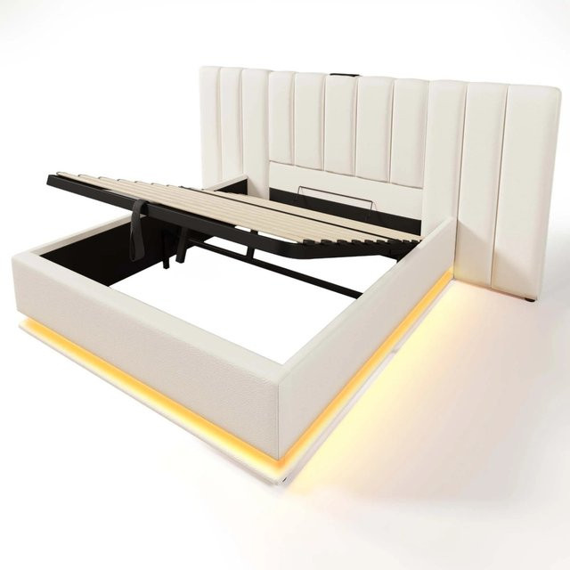 Merax Polsterbett mit Lift-up-Funktion und LED-Unterbettbeleuchtung in Weiß, B/T: 160 x 200 cm - Bild 1
